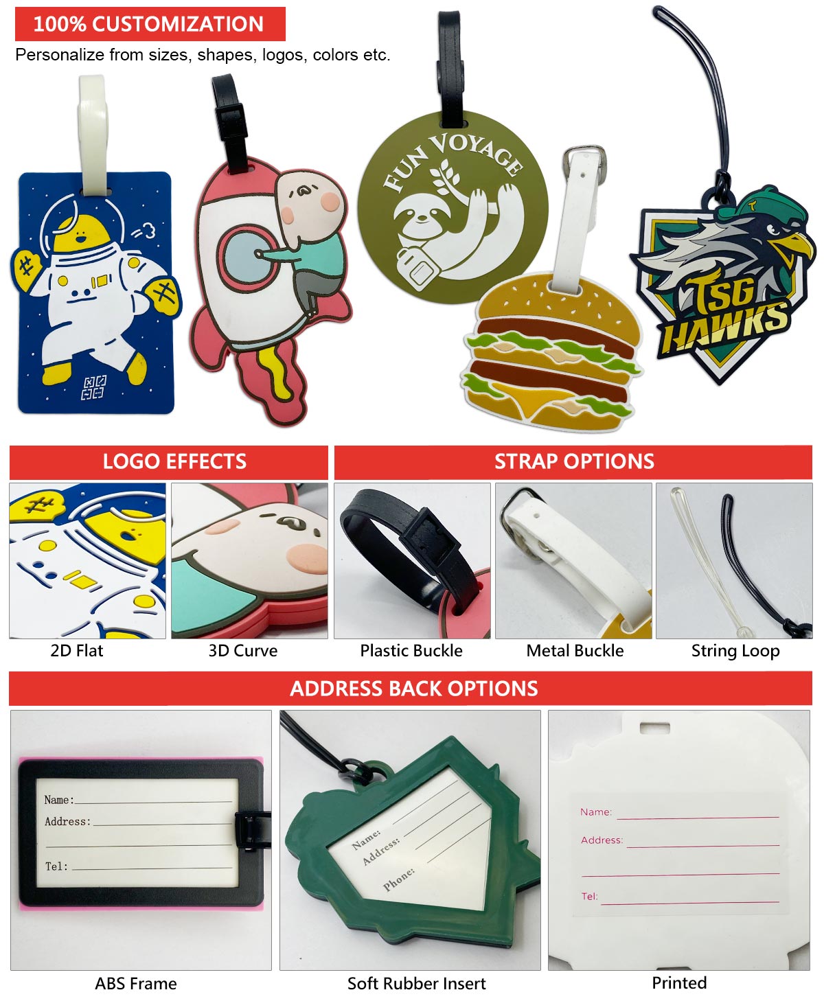 manufacturer custom logo soft PVC rubber luggage tags