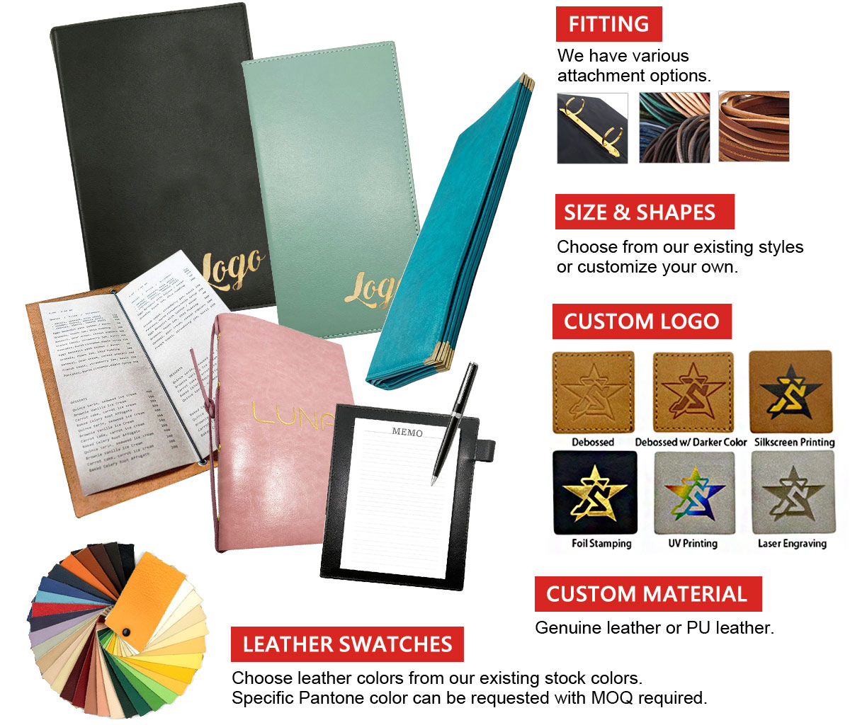 custom logo leather menu book covers and restaurant leather menu holders