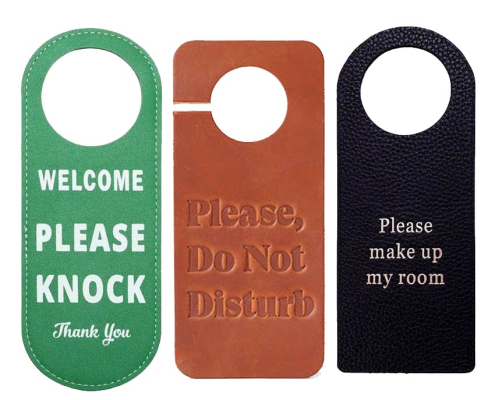 wholesale custom logo printed leather do not disturb and clean room sign door hanger