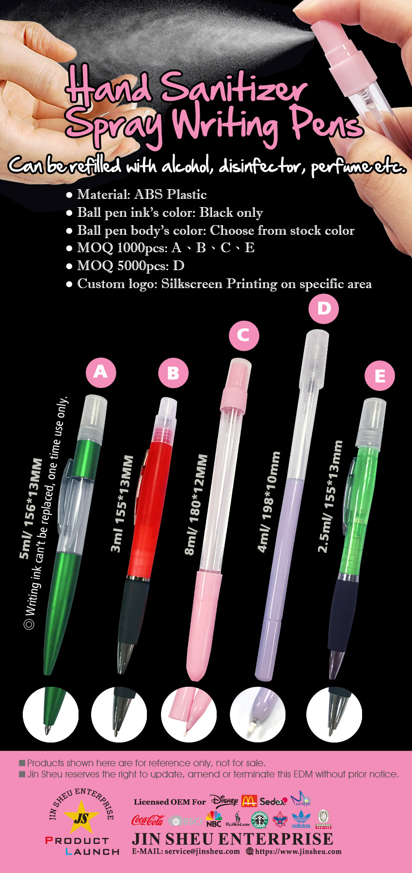 Refillable Plastic Sprayer Ballpoint Pens