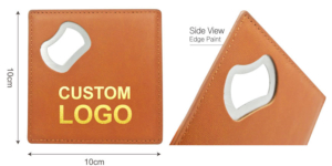 custom logo printed leatherette bottle opener coasters