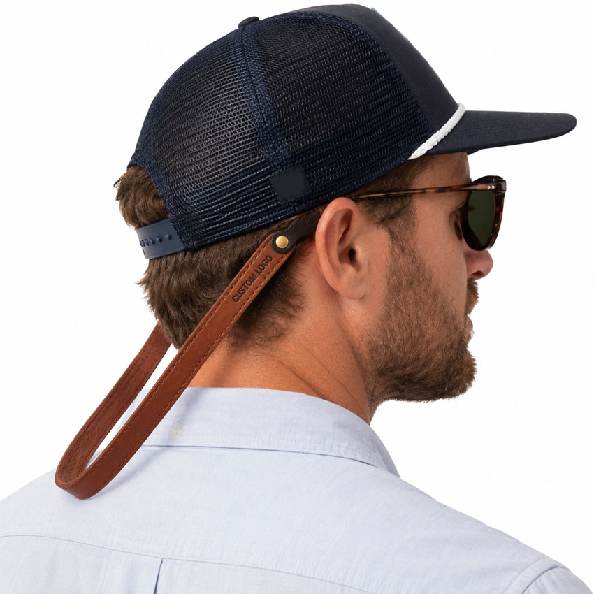 Man wearing a custom leather sunglasses strap during outdoor activities