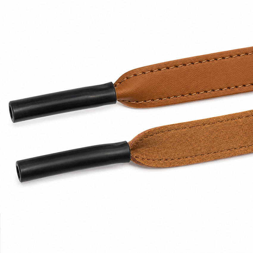 Sewn-in rubber temple ends for custom leather eyewear retainers