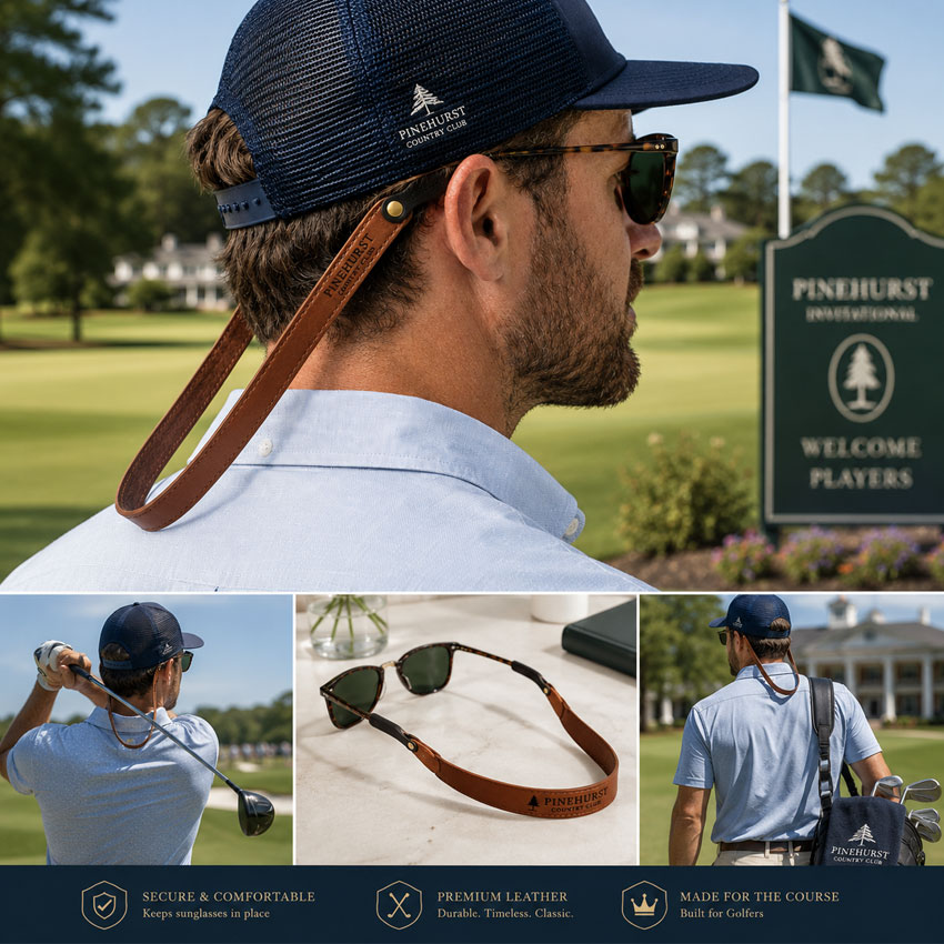 Premium leather eyewear retainers used for golf, lifestyle, and resort activities wholesale