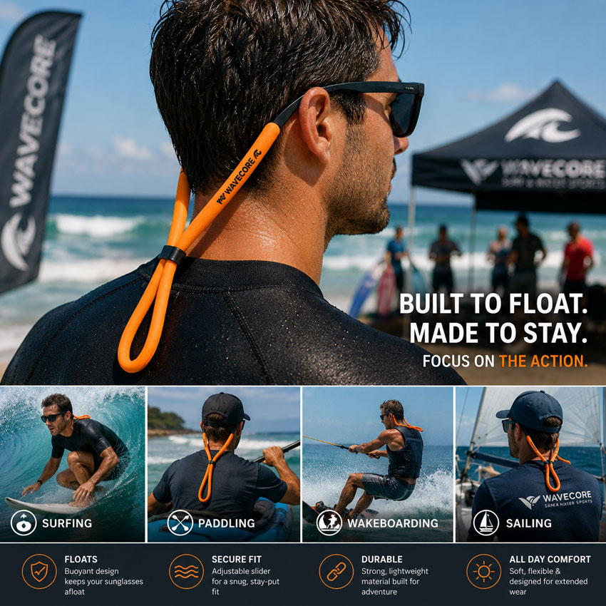 Promotional custom logo floating eyewear retainers designed for surfing, paddling, wakeboarding, and sailing