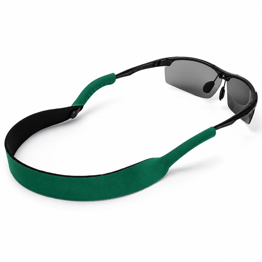 Green neoprene sunglasses strap with colored front and black backing