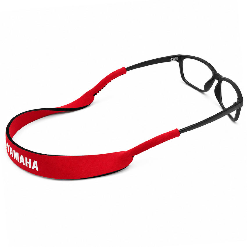 Red neoprene sunglasses strap featuring custom colors on both sides
