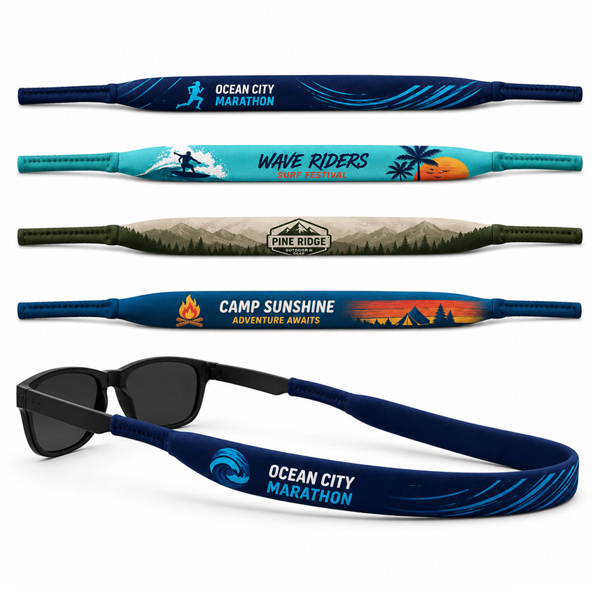 Custom neoprene sunglasses straps with full-color sublimation printing