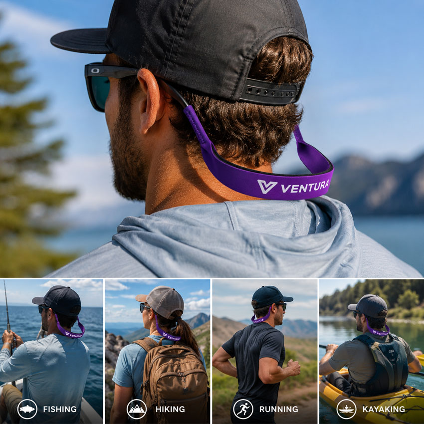 Promotional neoprene eyewear retainers used for fishing, hiking, running, and kayaking
