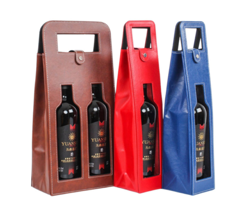 custom snap button PU leather wine bottle gift bags