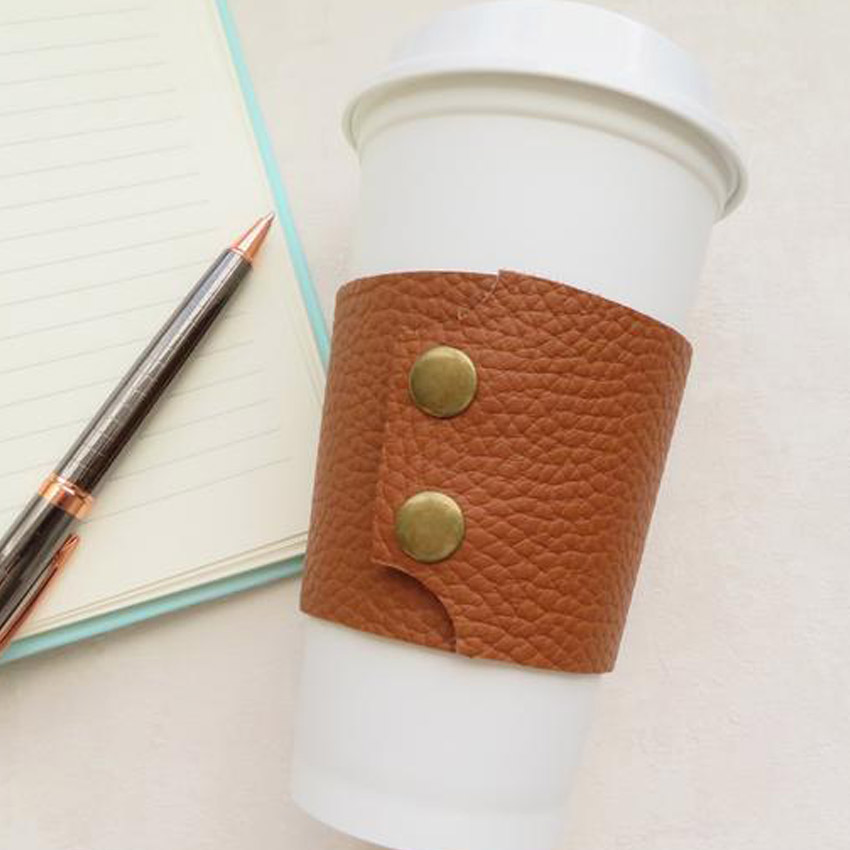 custom leather coffee sleeve with button