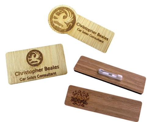 custom logo engraved bamboo name badges