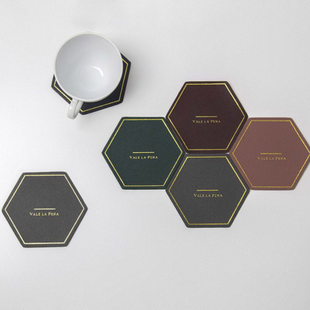 promotional leather hexagon faux leather coasters with foil printed logo