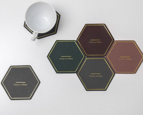 promotional leather hexagon faux leather coasters with foil printed logo