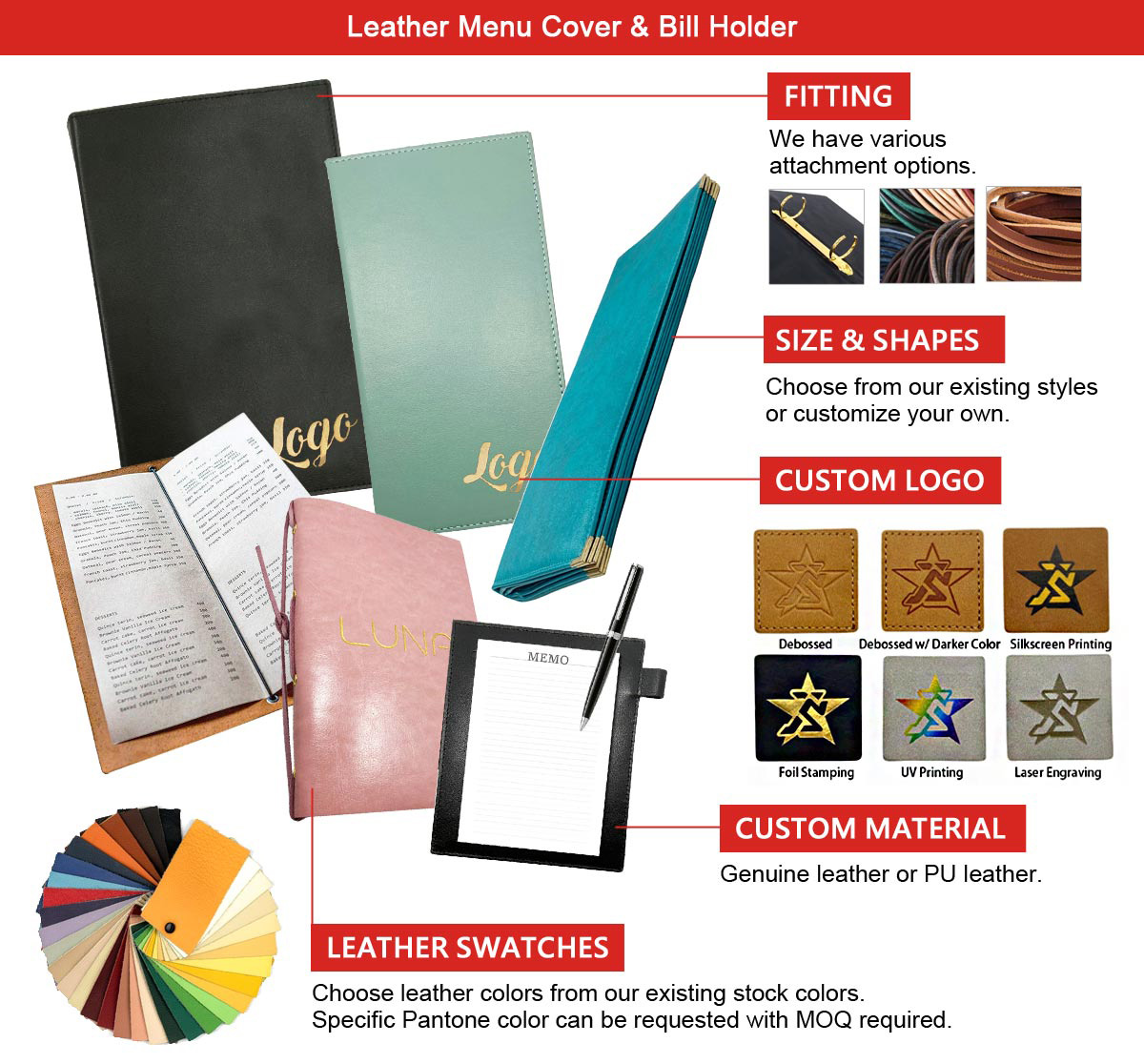 wholesale custom leather menu covers and leather bill holders