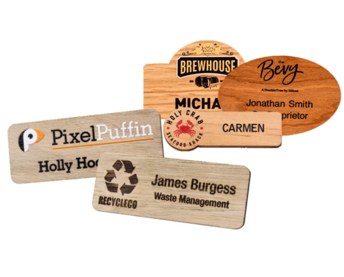 custom logo wooden company name badges