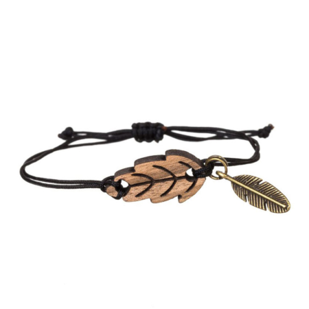 custom wooden leaf design bracelet with metal charm