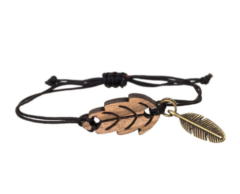 custom wooden leaf design bracelet with metal charm