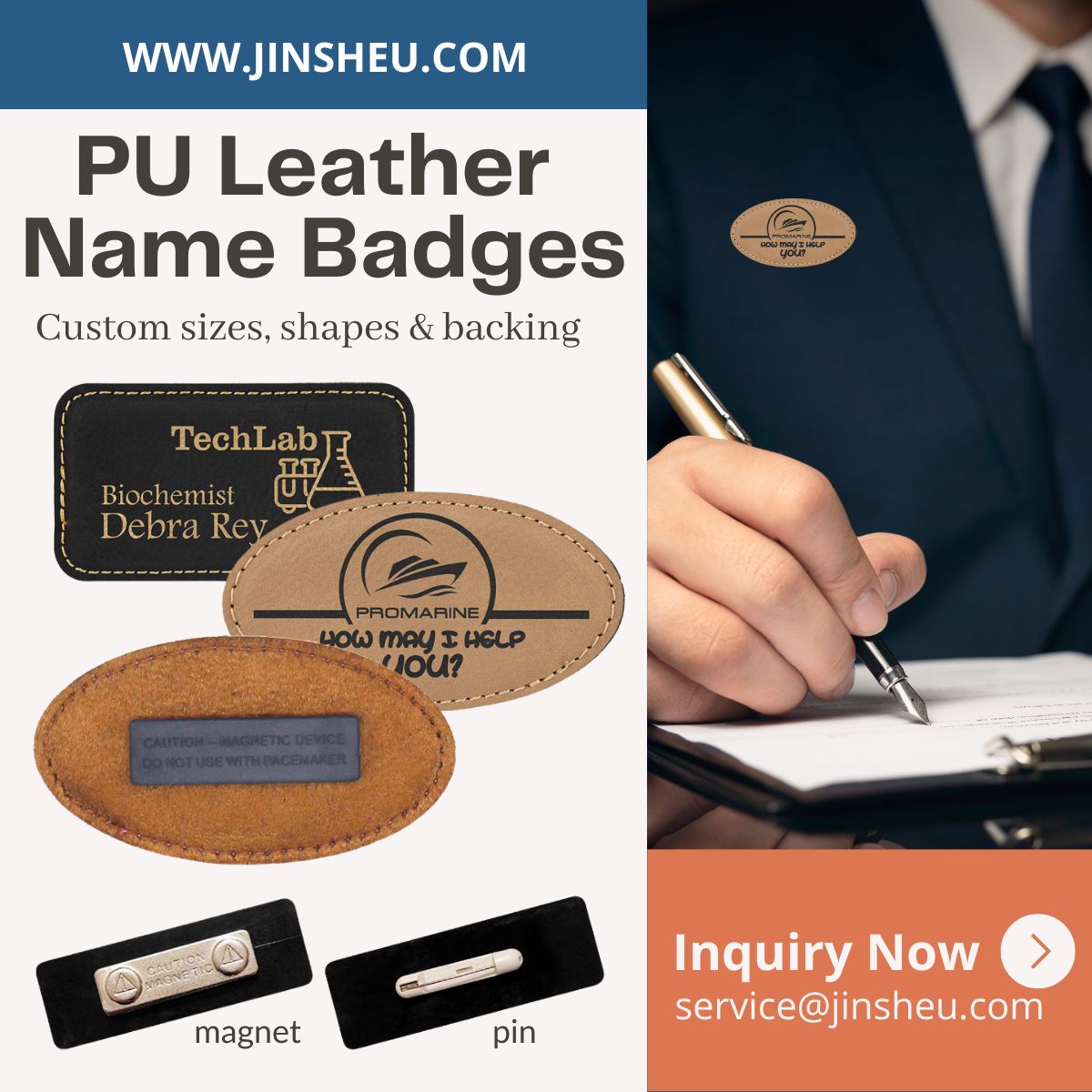 wholesale faux leather name badges and magnet leather name tags