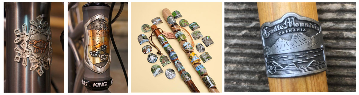 customized metal hiking stick medallions and bike badges