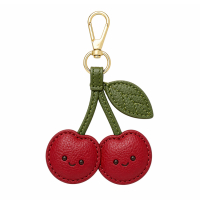 Adorable twin cherry-shaped leather keychain in red litchi texture with smiling faces and a premium gold-tone metal clasp.