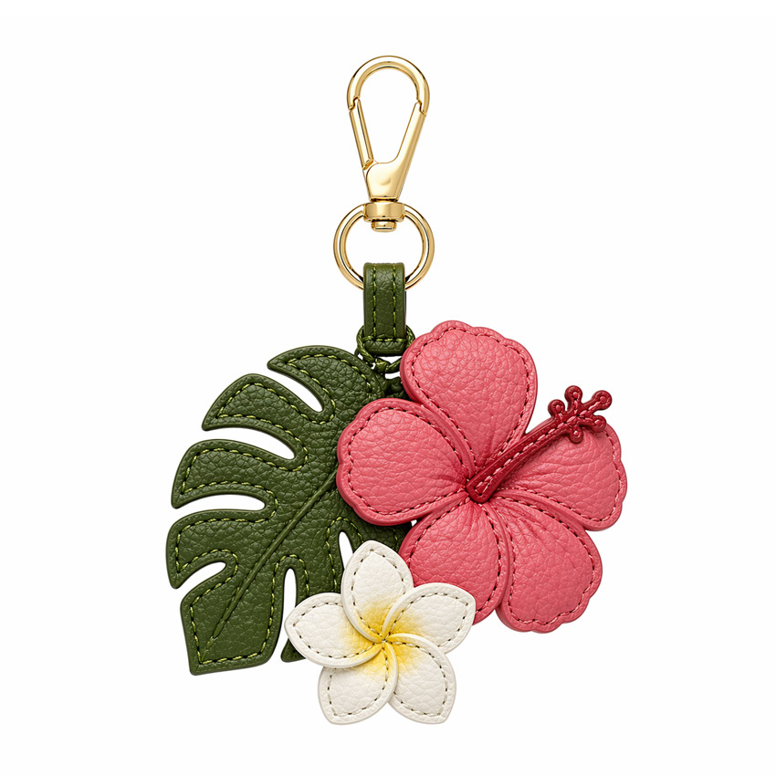 Custom PU Leather Tropical Flower Bag Charm Keychain with Metal Hook Custom PU Leather Tropical Flower Bag Charm Keychain with Metal Hook