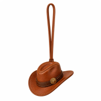 Miniature brown leather cowboy hat charm for bags, designed with realistic stitching and a decorative star metal badge.