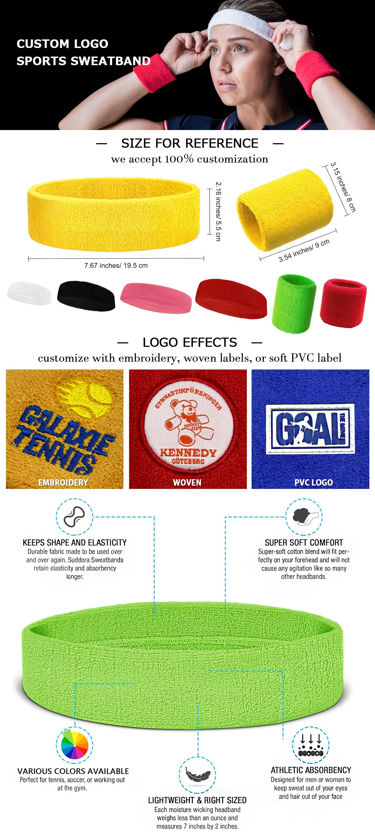 custom logo sports sweatbands, headbands, sweat absorbent wristbands