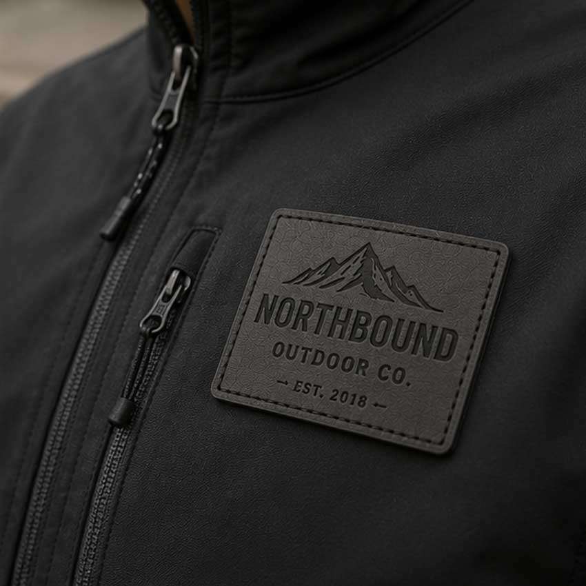 custom-leather-patches-12 High-quality black custom leather patch with debossed Northbound Outdoor Co. logo, precision-stitched onto a black waterproof technical jacket for premium apparel branding.