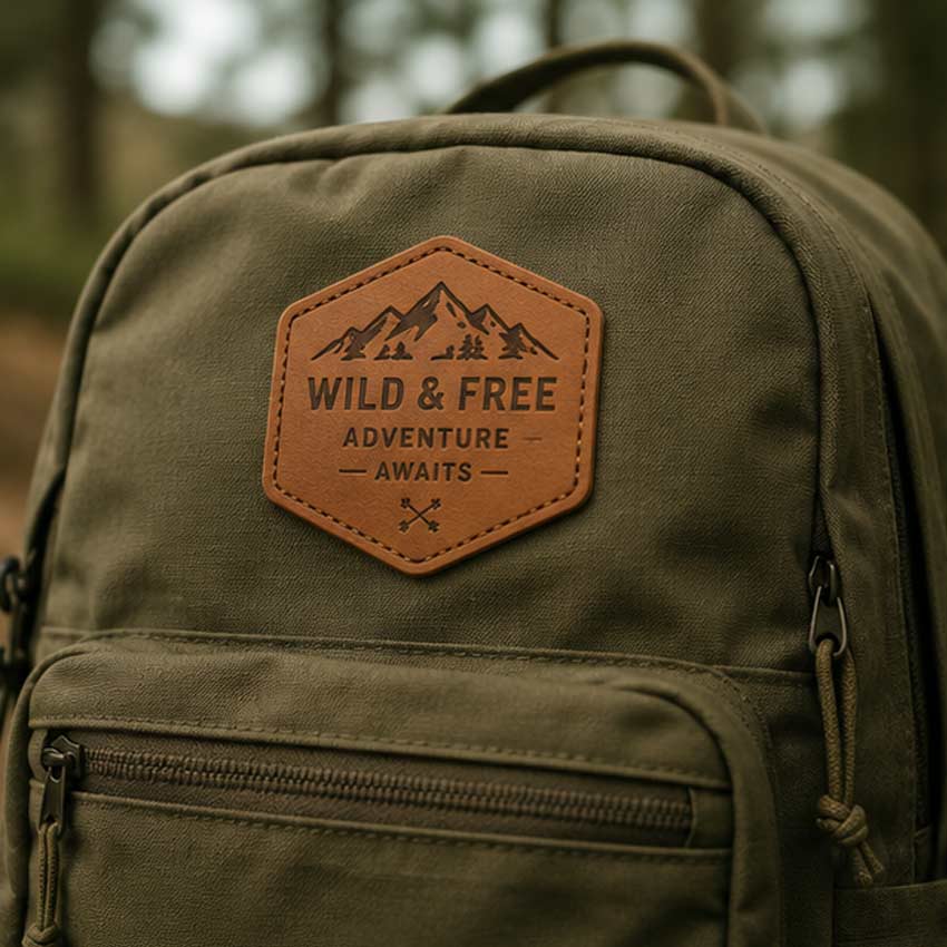 Hexagon-Custom-Leather-Patch-for-Outdoor-Backpack-Wild-Free-Design Custom hexagon-shaped brown leather patch with debossed mountain logo and "Wild & Free Adventure Awaits" text, stitched on an olive green canvas backpack for outdoor gear branding.