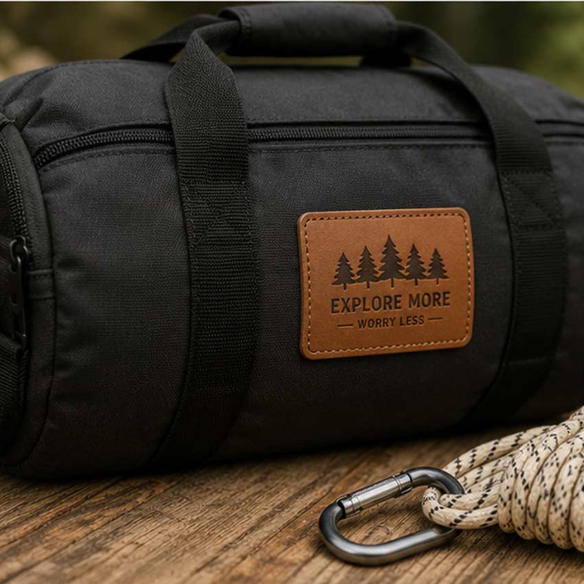 Rectangular-Embossed-Leather-Label-for-Duffel-Bag-Explore-More-Theme Premium rectangular tan leather patch featuring a forest pine tree design and "Explore More Worry Less" slogan, applied to a black tactical duffel bag alongside climbing gear.