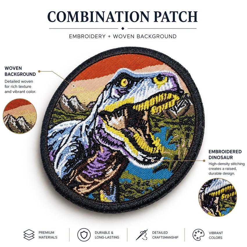combination-patch-woven-background-embroidery Woven gives detail. Embroidery adds dimension. Combination patches offer both in one custom design.
