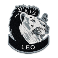 Black and grey grayscale woven patch representing Leo zodiac sign with a majestic lion profile and zodiac symbol, personalized astrology accessory for bags and caps.