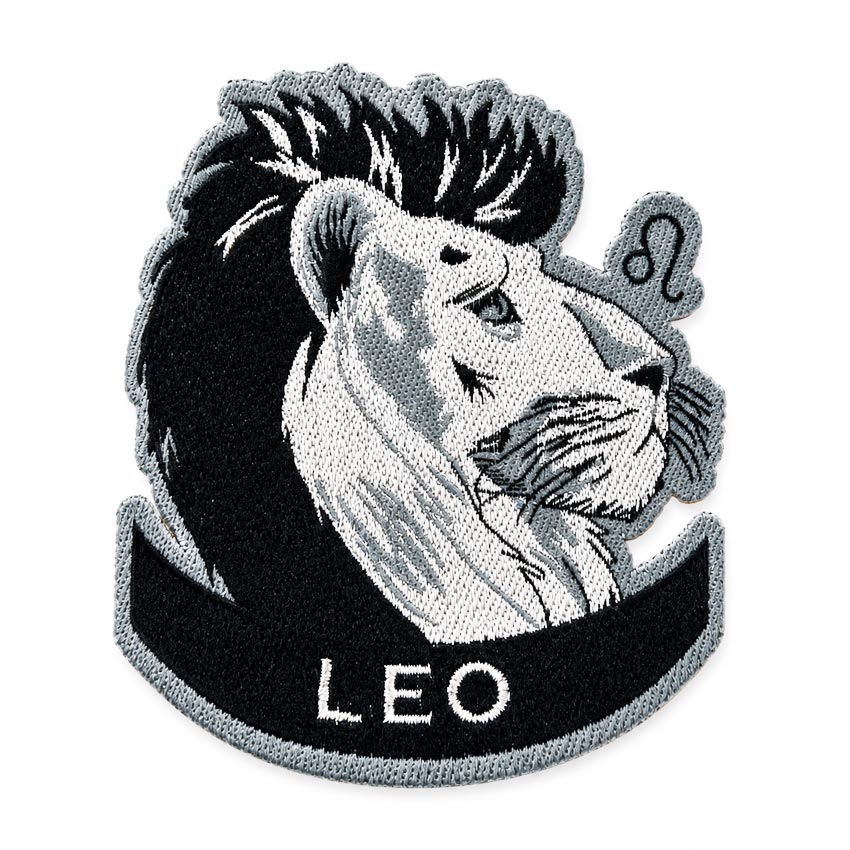 custom-woven-patch-260508-11 Black and grey grayscale woven patch representing Leo zodiac sign with a majestic lion profile and zodiac symbol, personalized astrology accessory for bags and caps.