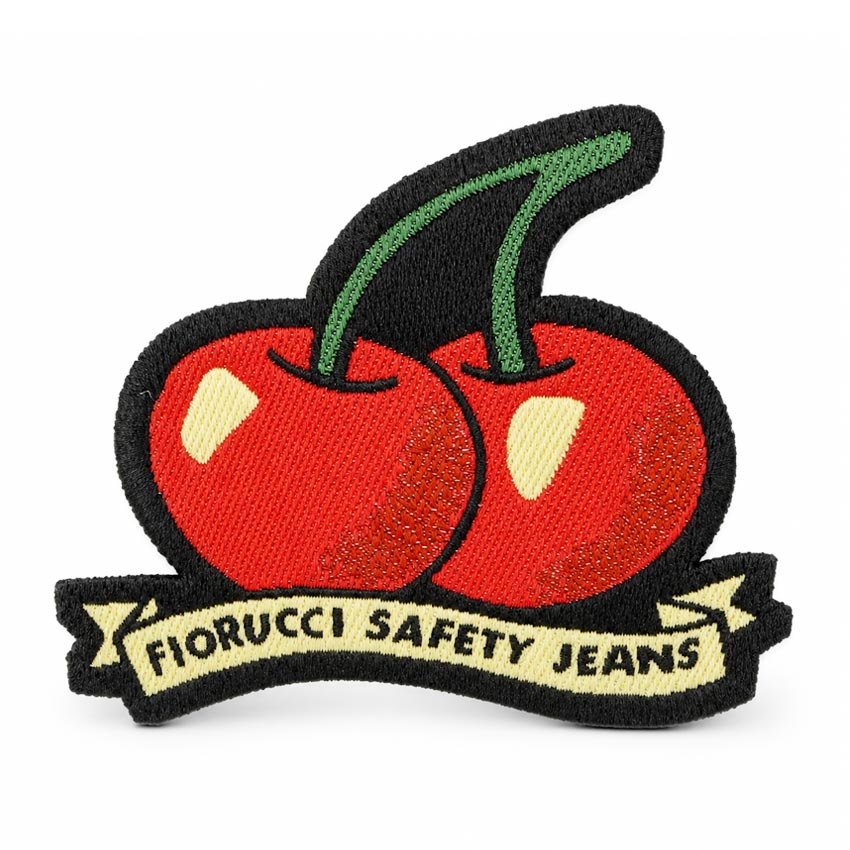 custom-woven-patch-260508-12 Classic red cherry design woven patch with "Fiorucci Safety Jeans" banner text, vintage fashion brand logo patch for denim jackets and jeans restoration.