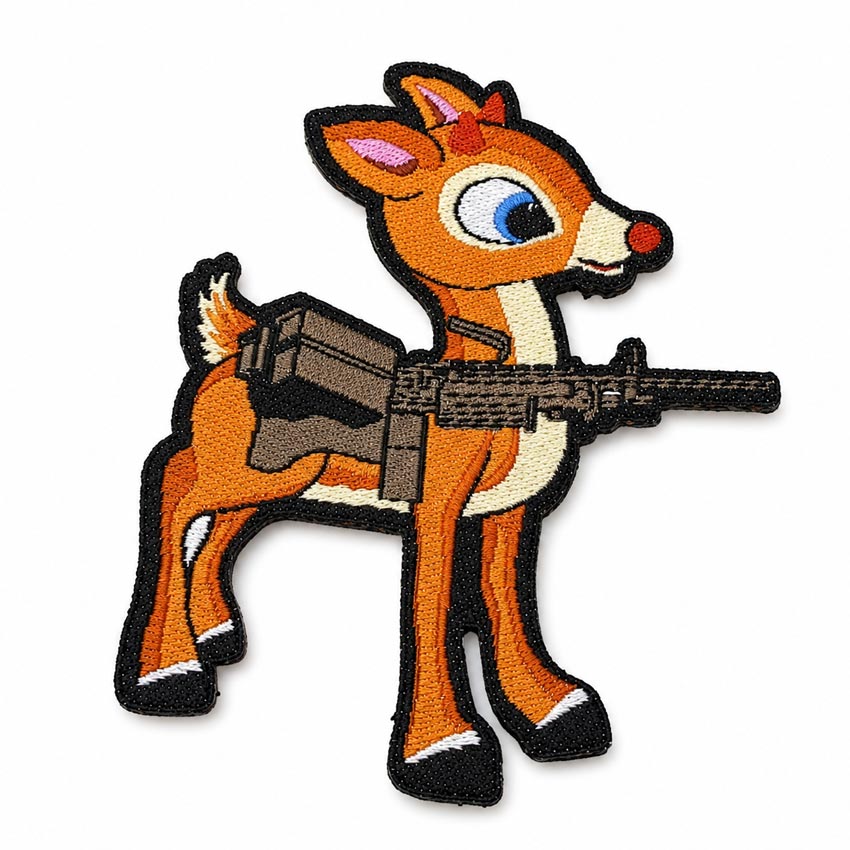 custom-woven-patch-260508-13 Custom woven patch featuring a cute cartoon reindeer Rudolph character holding a machine gun weapon, intricate detailed weaving for apparel branding.