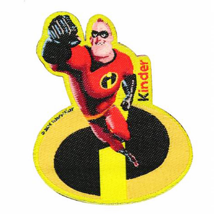 heat-cut-border-custom-woven-patch Custom heat-cut border woven patch of Mr. Incredible superhero character from Disney Pixar, high-density woven logo for children's clothing and Kinder promotion.