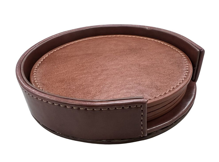 wholesale rounded leather drink coaster holder sets