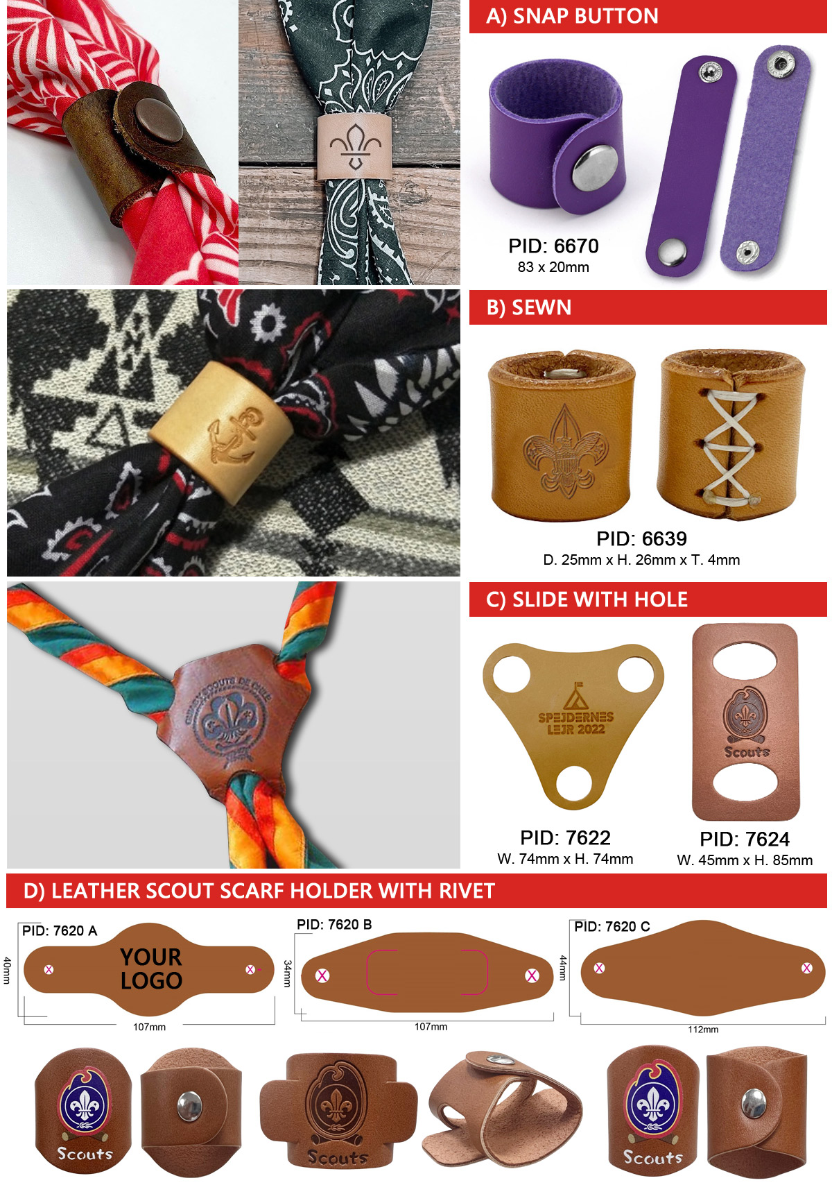 Custom logo scout scarf holders & leather woggles