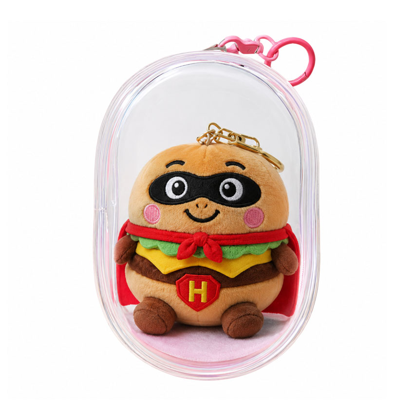 Custom Hamburger Superhero Plush Doll Keychain in Transparent Capsule Case Custom hamburger superhero plush doll keychain in transparent capsule case promotional stuffed toy OEM manufacturer