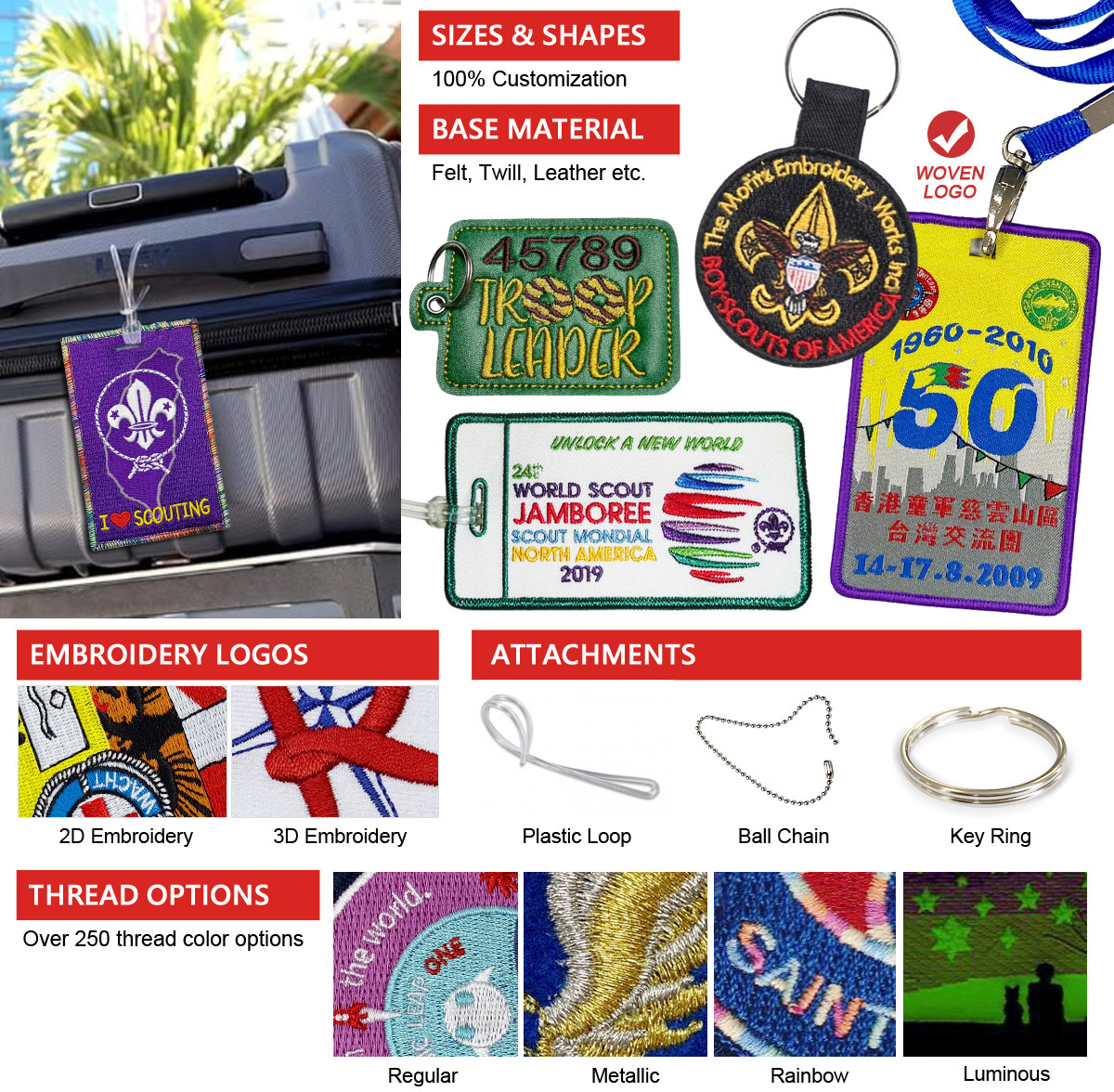 manufacturer custom logo embroidered luggage tags for boy scout