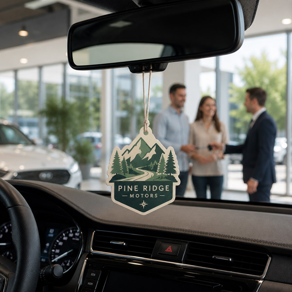 Custom Paper Car Air Fresheners for Car Dealership Promotions Custom scented paper car air freshener perfume presented to a customer at a car dealership