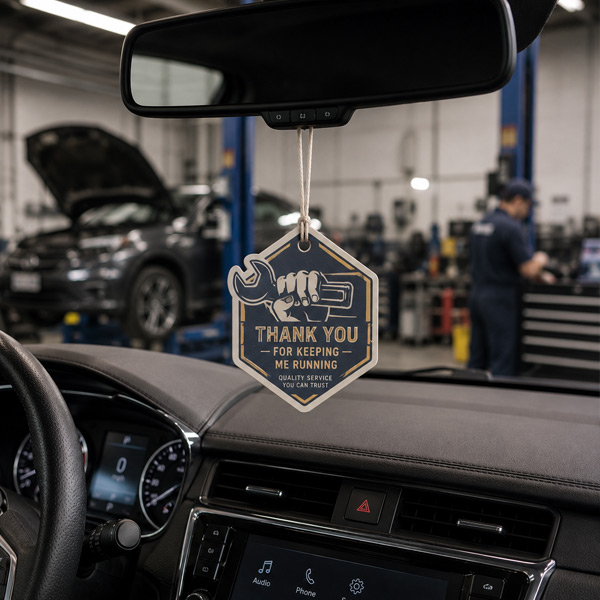 Custom Paper Car Air Fresheners for Auto Repair Shops Custom paper car air freshener hanging inside a vehicle after auto repair service