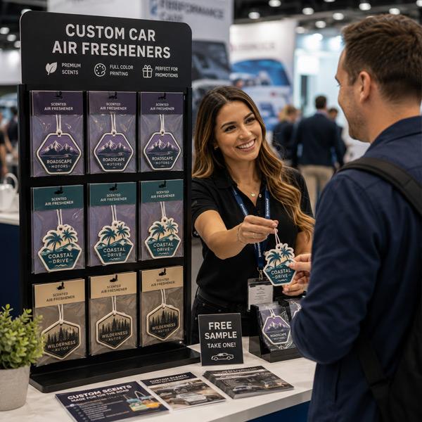 Custom Paper Car Air Fresheners for Trade Shows & Promotional Events Custom paper car air fresheners displayed at a trade show booth as promotional giveaways