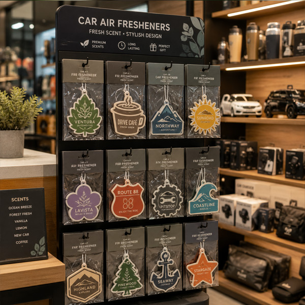 Custom Paper Car Air Fresheners for Retail & Gift Shops Custom paper car air fresheners displayed in a retail gift shop with branded packaging