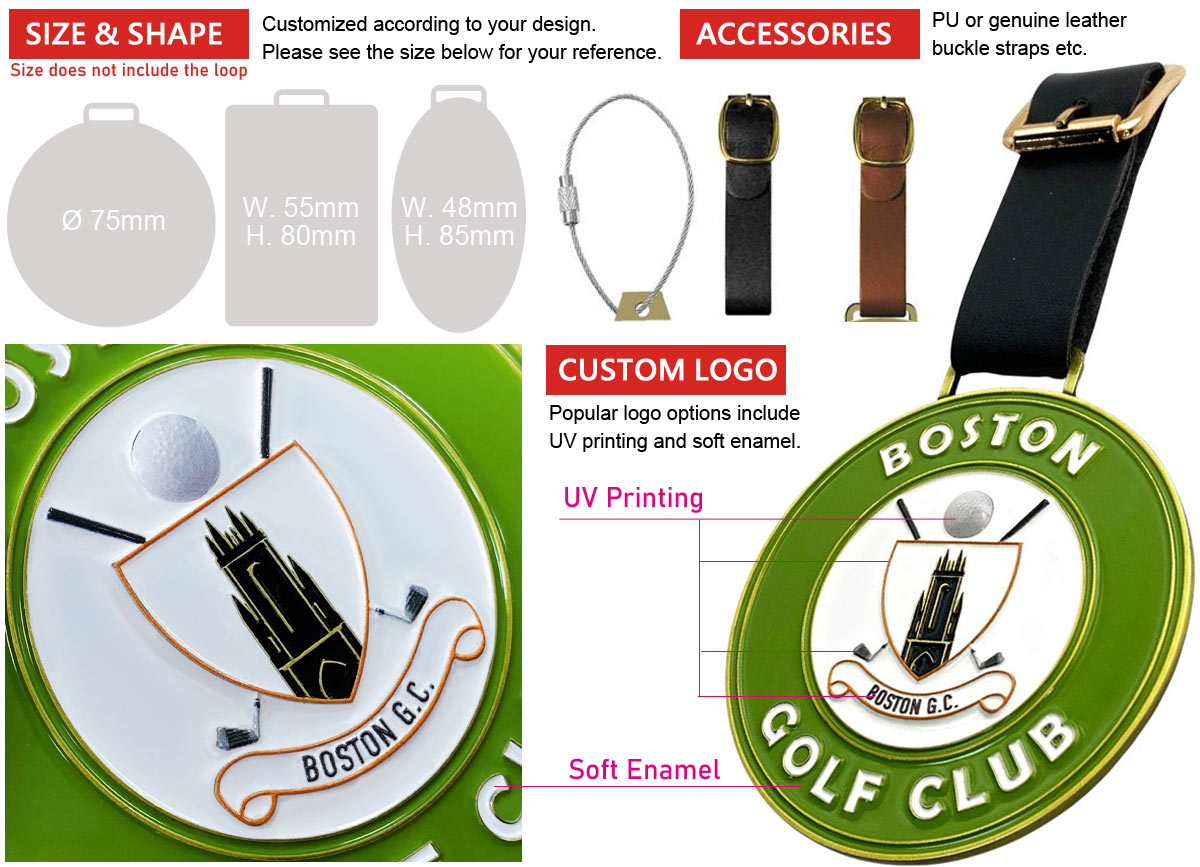 wholesale custom logo soft enamel UV printed metal golf bag tags
