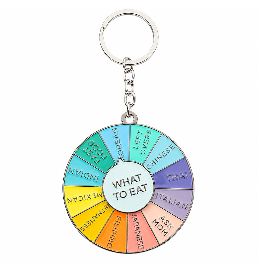 custom-metal-keychain-11 Interactive spinning decision wheel keychain with colorful printed segments