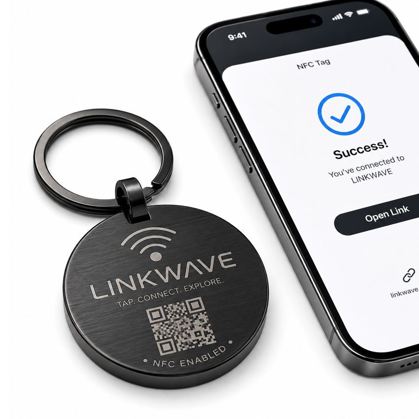 custom-metal-keychain-13 NFC enabled smart keychain with contactless tap technology and QR code integration