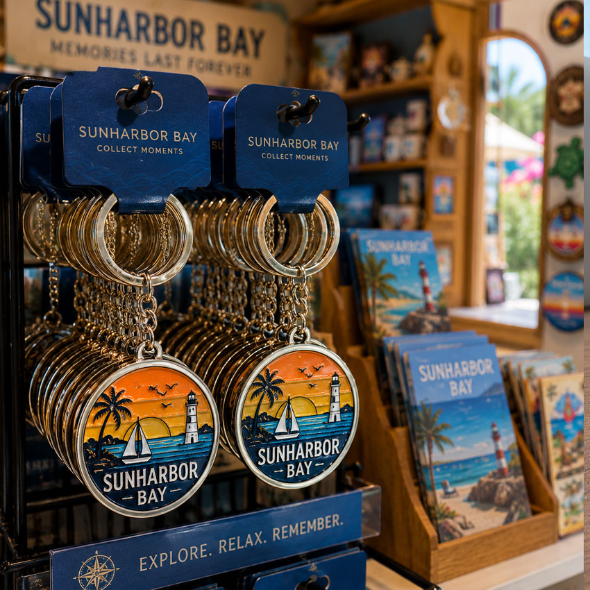 custom-metal-keychain-17 Custom souvenir keychains displayed in gift shops, museums, resorts, and tourist attractions