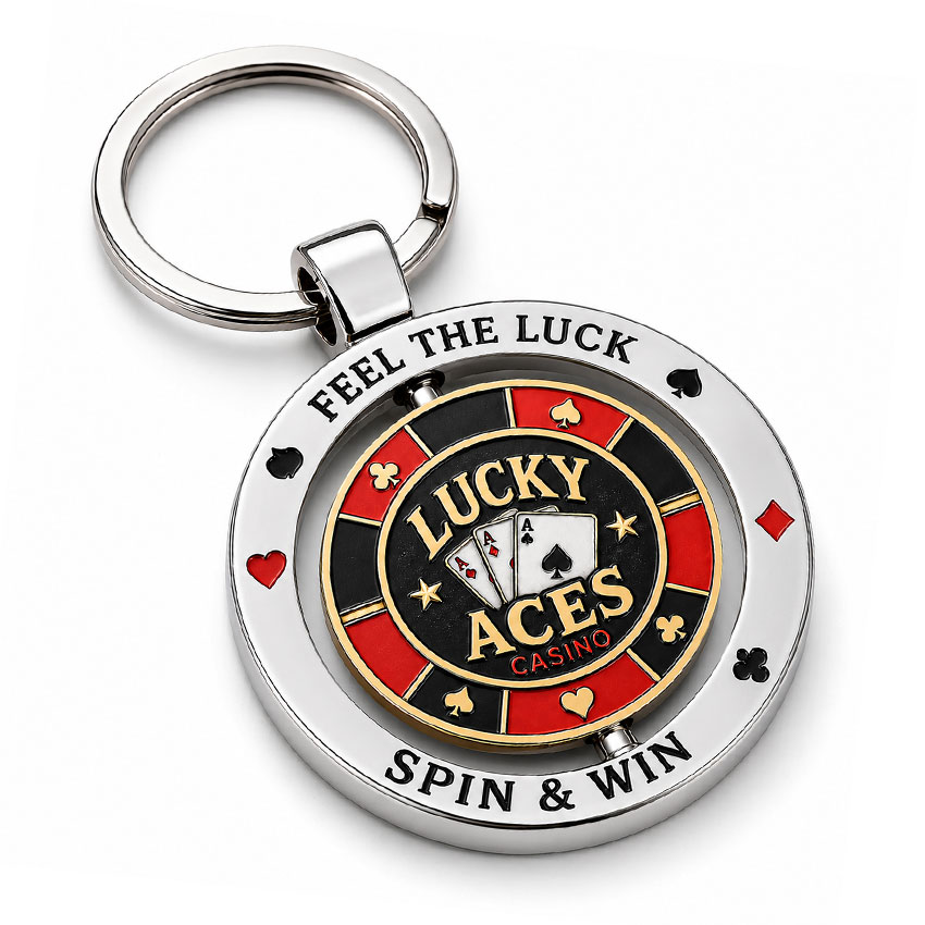 custom-metal-keychain-21 Spinning casino chip keychain with custom enamel artwork